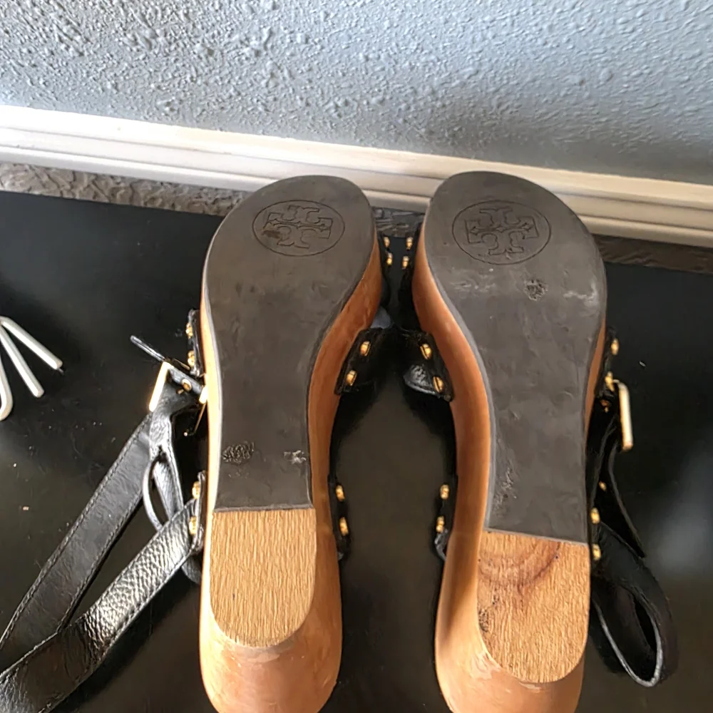 Tory Burch Black Leather Wood Platform Sandles 10.5 Medium - Picture 6 of 8
